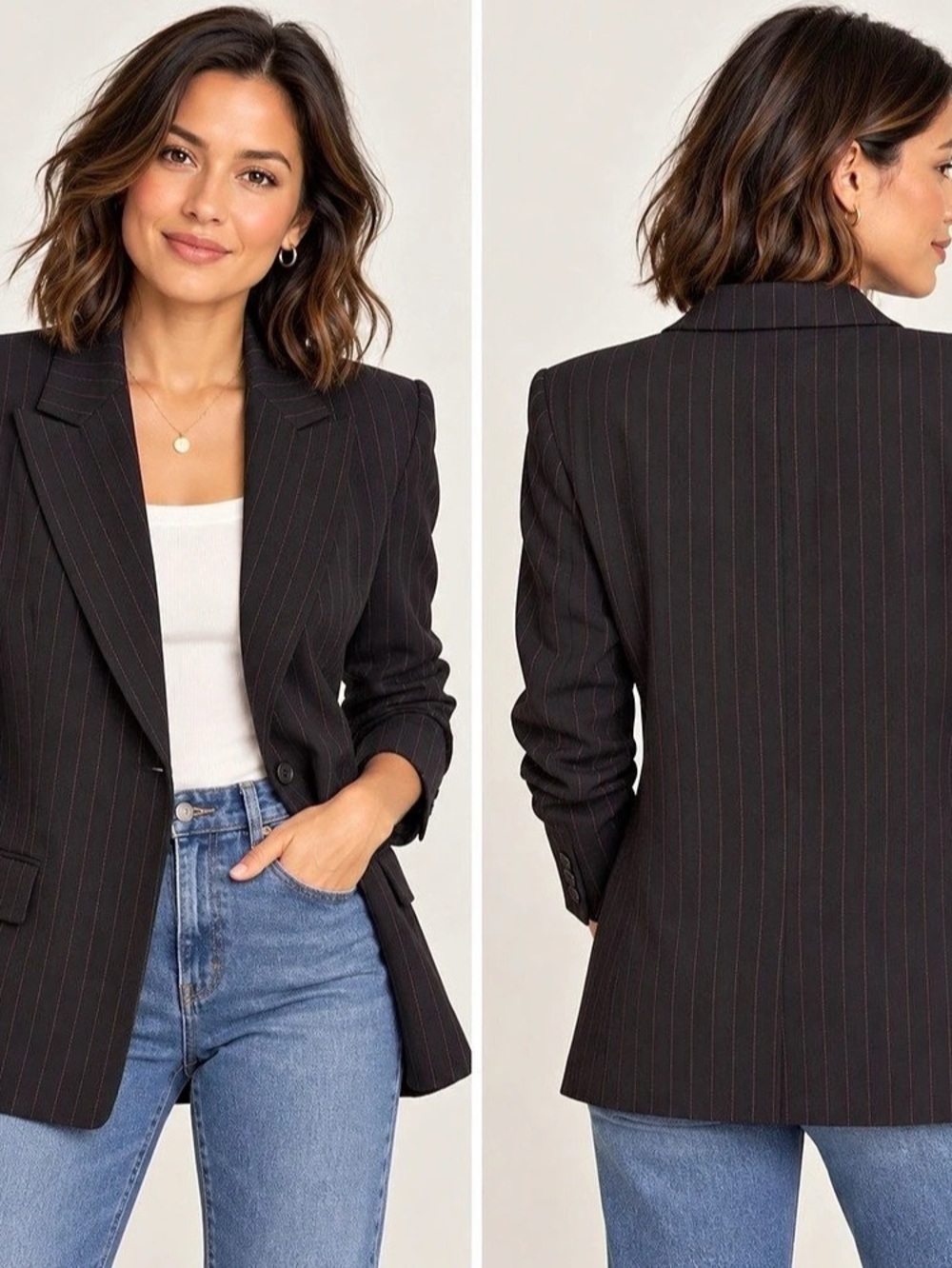 Anne Klein 2 Pinstripe Blazer Women’s 12 Black Burgundy Longline Career Jacket